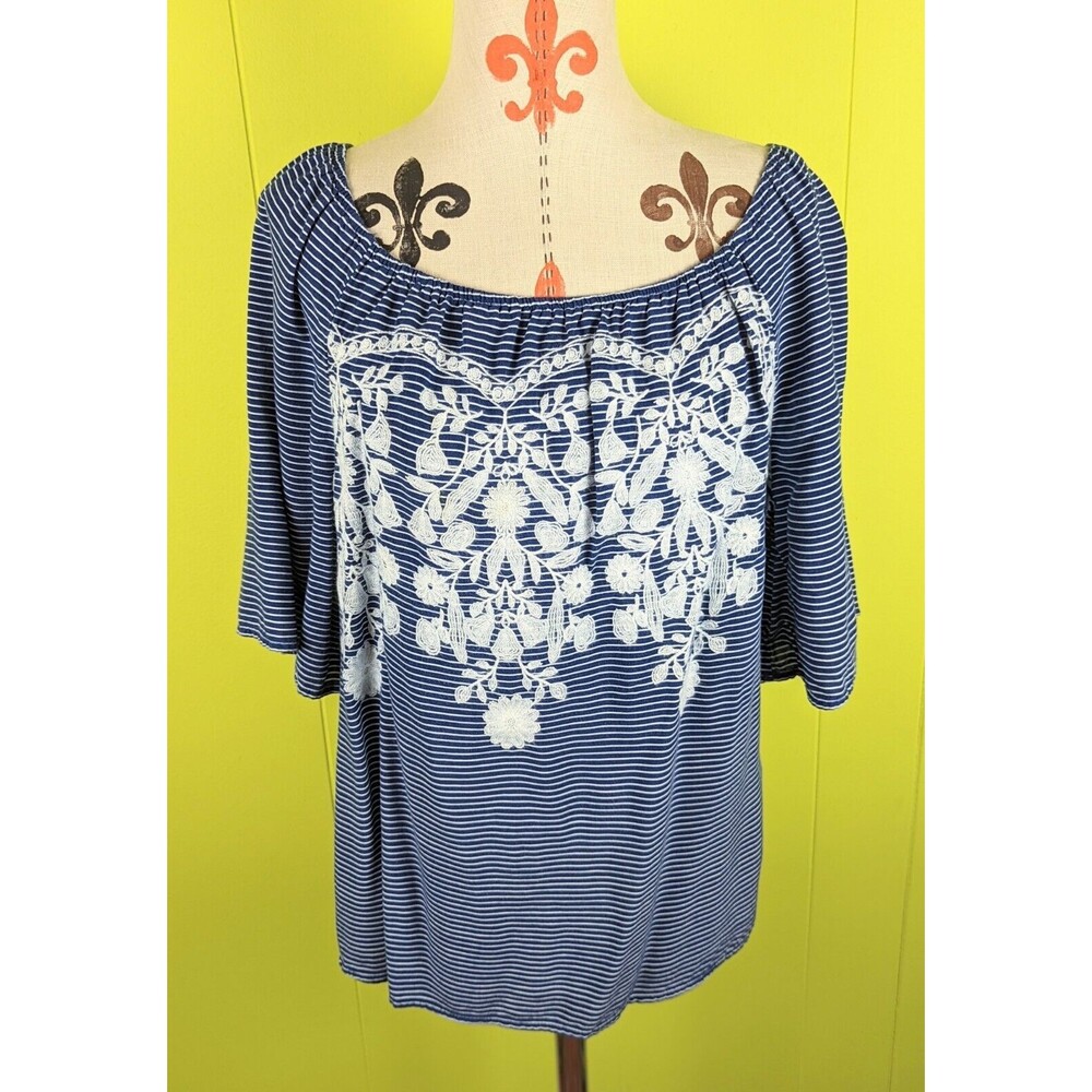 C Est 1946 Women's XL Blue Stripe Embroidered Floral Off Shoulder Top Rayon GUC